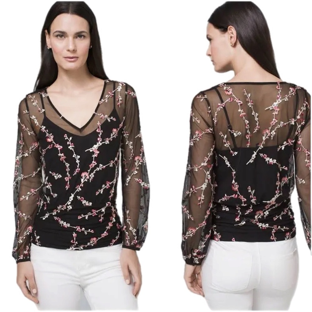 White House Black Market Long Sleeve Floral Embroidered Mesh Top w/Cami Sz S
